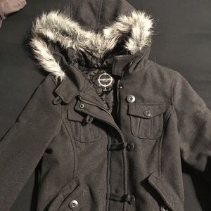 Dark grey coat with fur hood never worn